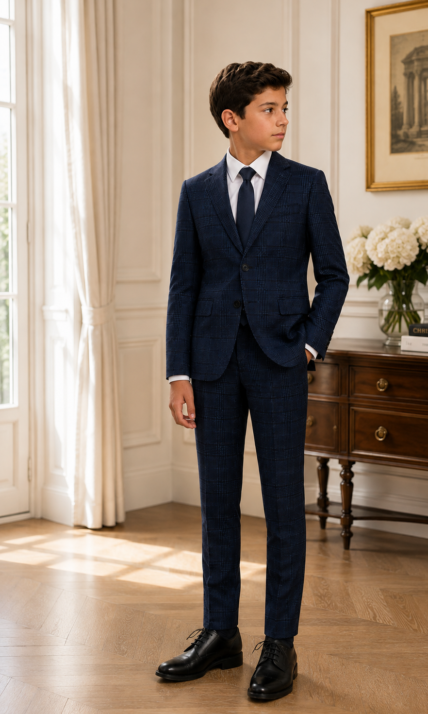 A young boy wearing a dark navy blue checkered suit, white dress shirt, and navy tie, standing in a classic, elegant room with wood floors, a wooden console table, and a window with white curtains.