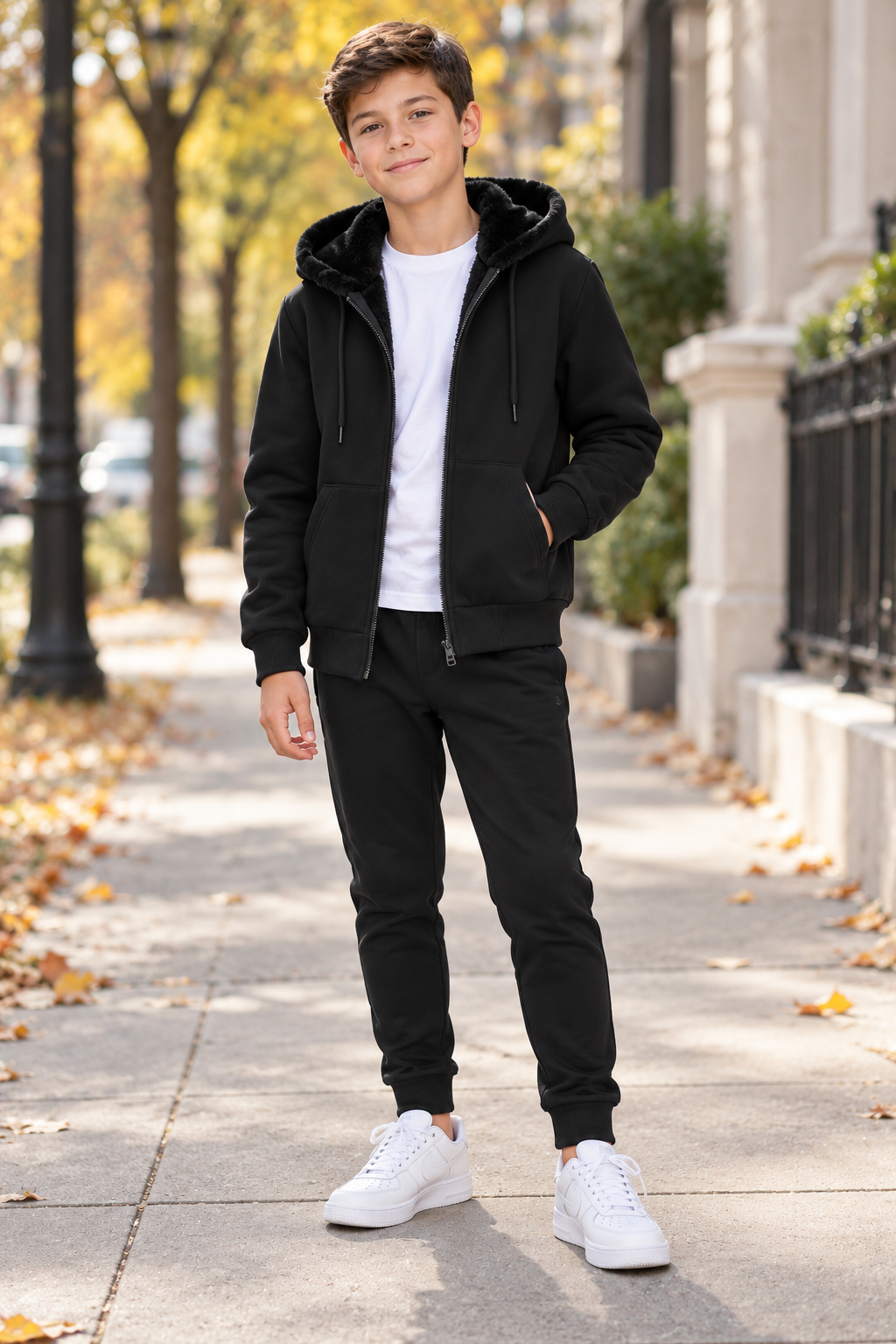 A young boy standing on a city sidewalk wearing a black zip-up hoodie, black sweatpants, a white t-shirt, and white sneakers.