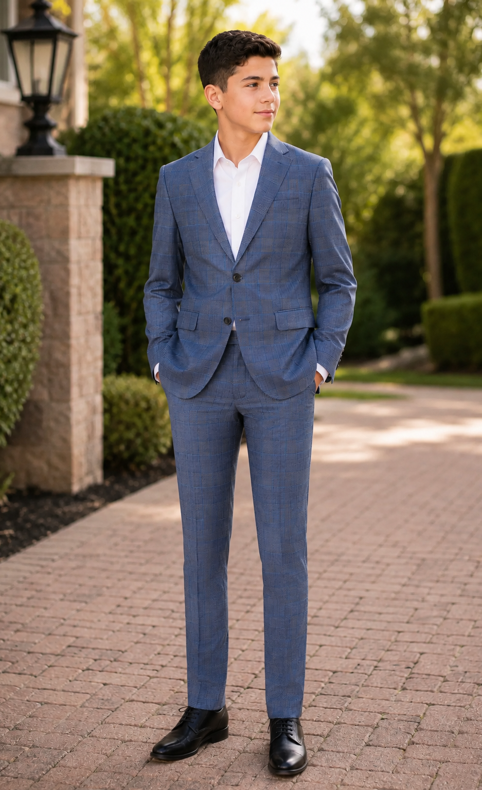 A young man wearing a blue plaid suit with a white dress shirt and black dress shoes, standing on a brick pathway in a landscaped garden setting.