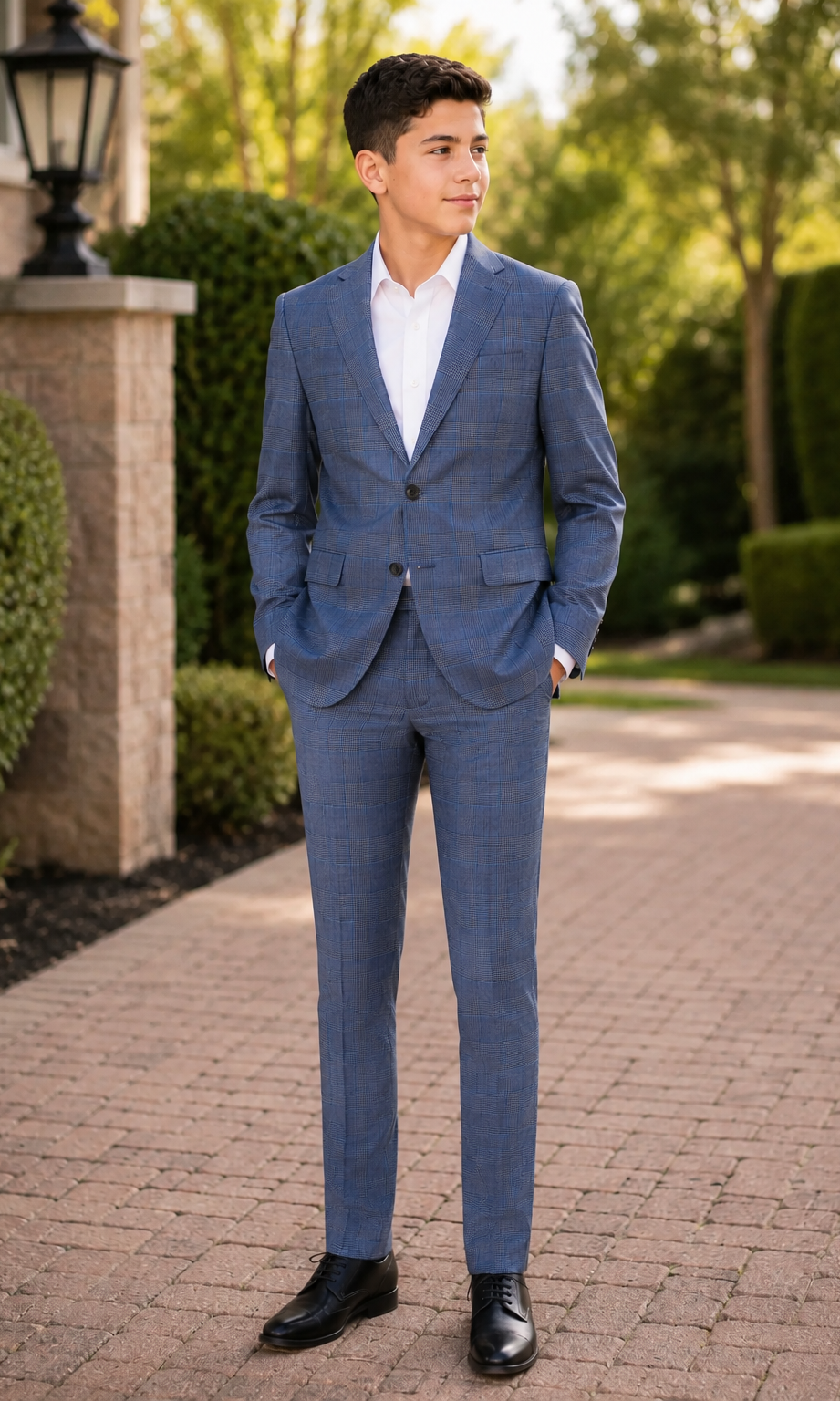 A young man wearing a blue plaid suit with a white dress shirt and black dress shoes, standing on a brick pathway in a landscaped garden setting.