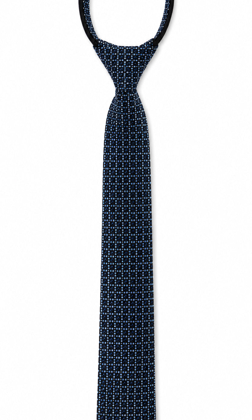 Navy blue tie with white geometric pattern on a white background
