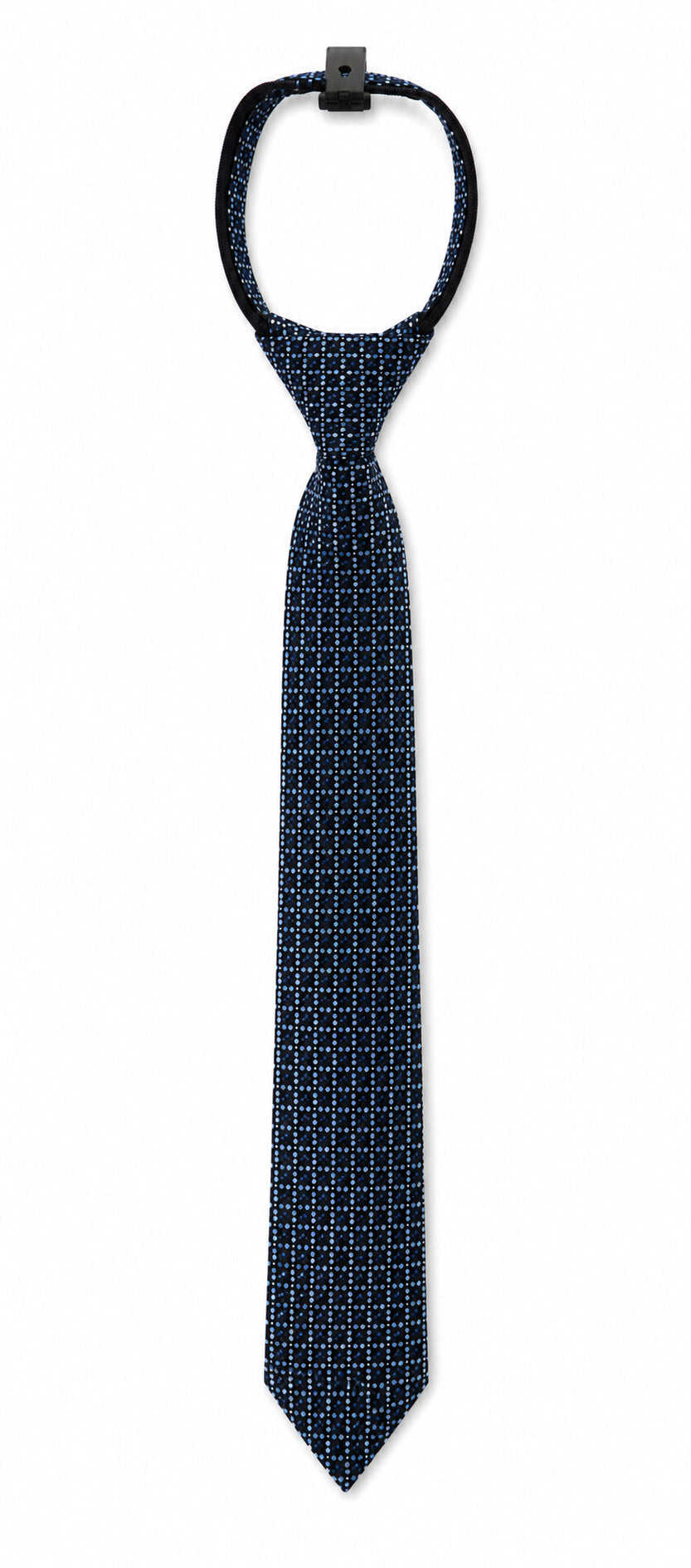 Navy blue tie with white geometric pattern on a white background