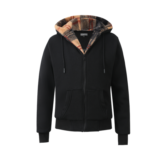 Men's Black Hoodie - Plaid Removable Fur