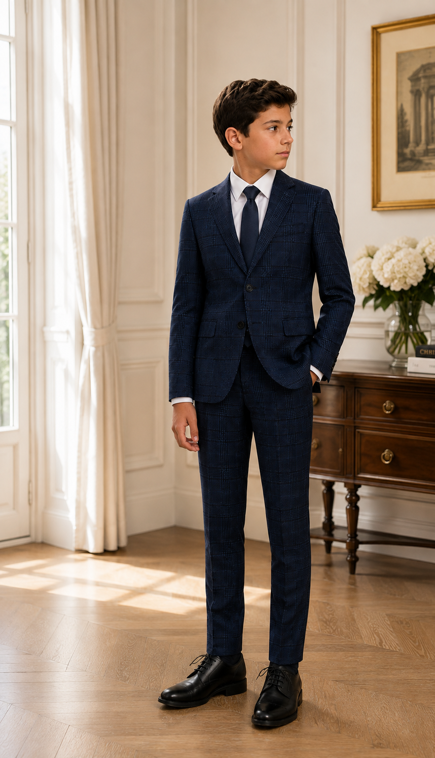 A young boy wearing a dark navy blue checkered suit, white dress shirt, and navy tie, standing in a classic, elegant room with wood floors, a wooden console table, and a window with white curtains.