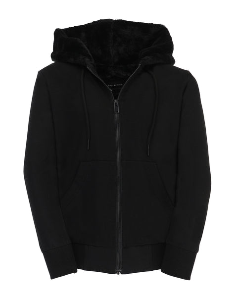T.O. Collection Men's Black Dressy Hoodie with Black Fur