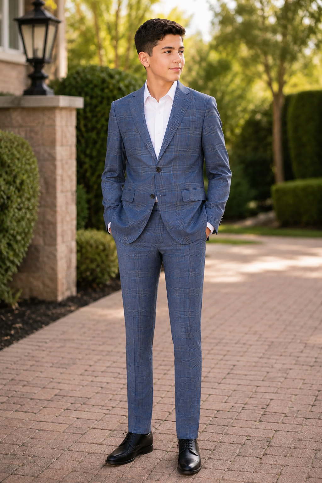A young man wearing a blue plaid suit with a white dress shirt and black dress shoes, standing on a brick pathway in a landscaped garden setting.