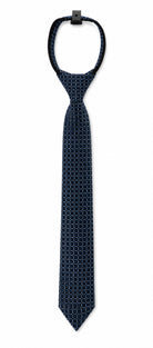 Navy blue tie with white geometric pattern on a white background