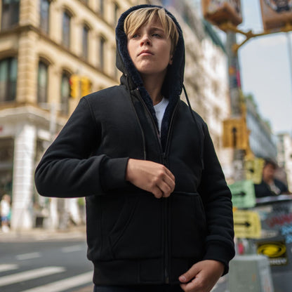 Kids Black Hoodie - Navy Removable Fur