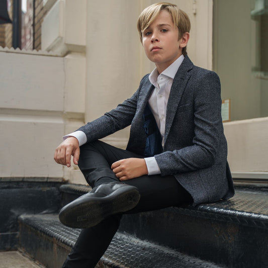T.O. Boy's Patched Pocket Fashion Blazer - Navy Plaid