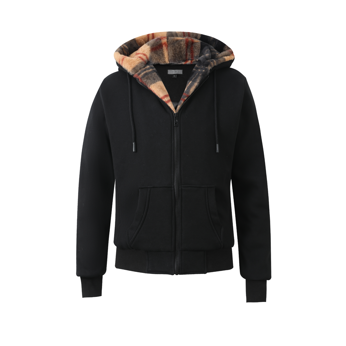 Men's Black Hoodie - Plaid Removable Fur