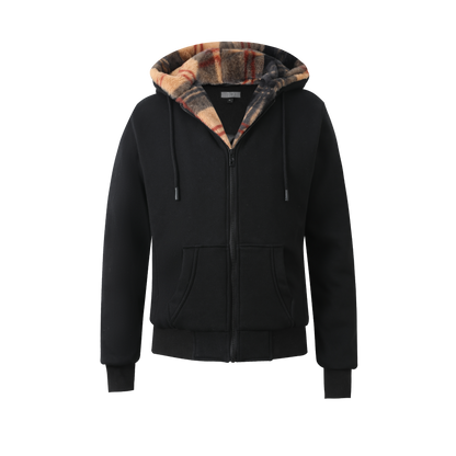 Men's Black Hoodie - Plaid Removable Fur